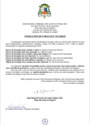 Dom Manoel F. dos Santos Jr, MSC, bispo diocesano de Registro, anuncia nomeações para o ano de 2020